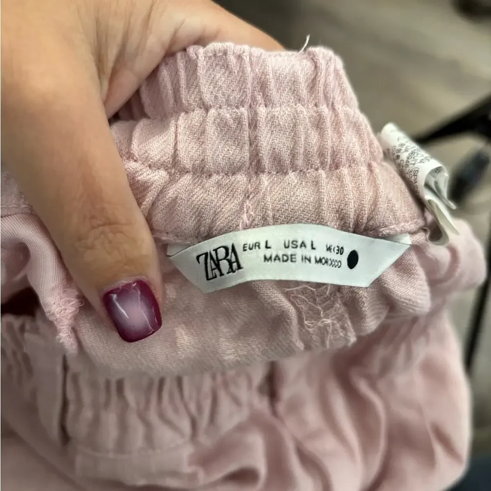 Zara Pink Linen Blend Straight Leg Relaxed Fit Pants Large